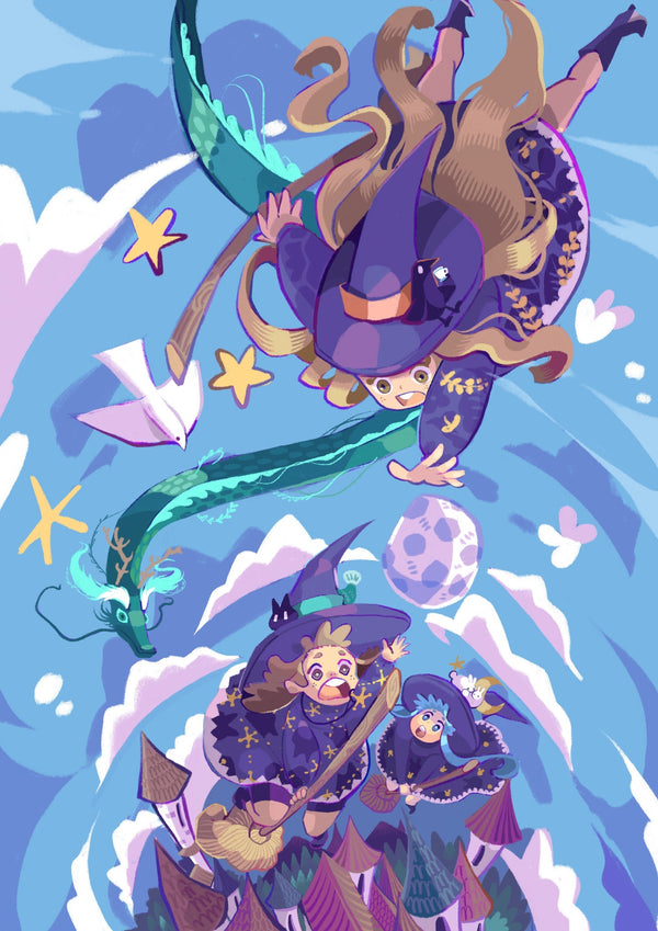 Three witches dressed in purple gown flying on the sky