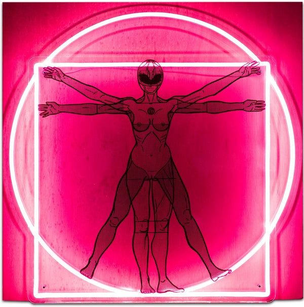 Vitruvian Ranger by Ernest Chang features a female pink power ranger displayed on 6mm neon tube as pastiche to the Vitruvian Man by Leonardo Da Vinci