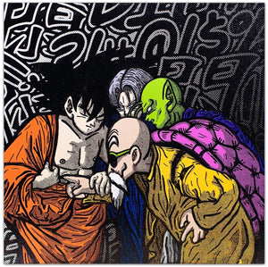The Incredulity of Master Roshi by Ernest Chang features Goku, Gohan, Piccolo, and Master Roshi from Dragon Ball as pastiche to "The Incredulity of Saint Thomas" by Caravaggio 