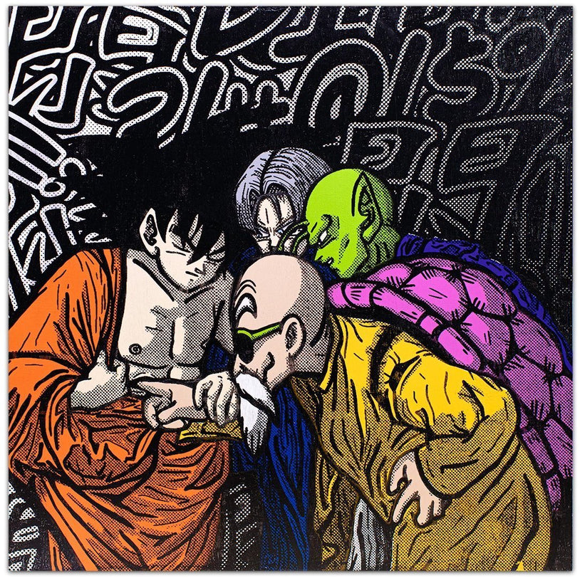 The Incredulity of Master Roshi by Ernest Chang features Goku, Gohan, Piccolo, and Master Roshi from Dragon Ball as pastiche to 