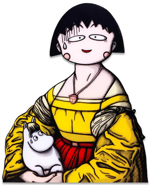 Young Woman with Snork Maiden by Ernest Chang features Chibi Maruko Chan holding Snork Maiden from Moomin as a pastiche to "Young Woman with Unicorn" by Raphael 