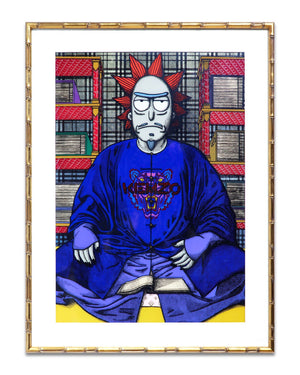 Age of Abundance by Ernest Chang, featuring Rick from Rick and Morty, dressed in Kenzo in the style of a blue traditional Chinese dress, with bookshelves and monochromatic gingham pattern as background