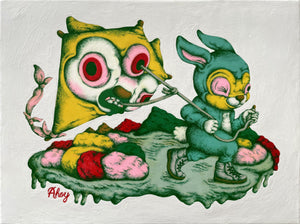 Keep Calm and Carry On features a rabbit holding a kite that is strapped on to the rope as it bites with it with teeth. Both creatures seemingly possess anthropomorphic features with psychedelic palette of colors, including acid green, yellow, pink, red.
