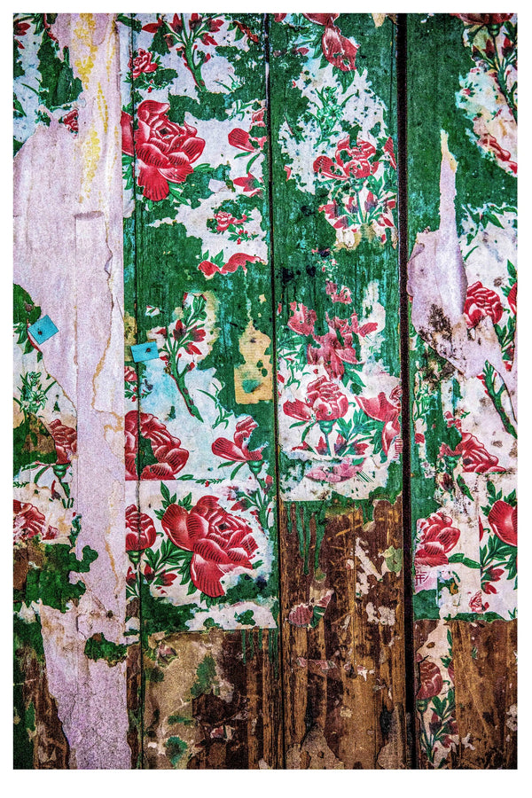 LAYERS OF RETRO FLORAL WALLPAPERS UNTIDILY RIPPED FROM A WOODEN PARTITION, VARIATION OF BH # 13