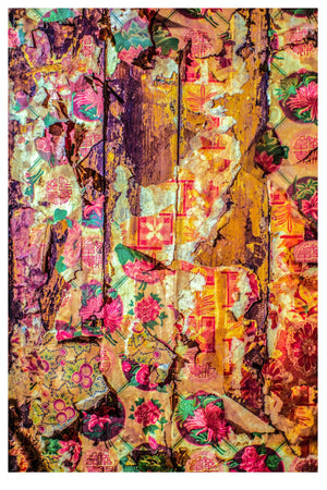 LAYERS OF VINTAGE HONG KONG WALLPAPERS WITH CHINESE NEW YEAR BLESSINGS, UNTIDILY TORN FROM WOODEN PARTITION