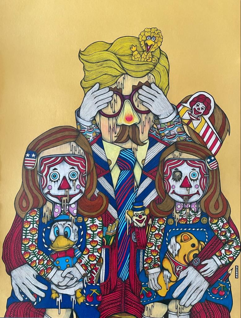 The colored-pencil illustration depicts pop icons such as Donald Trump holding the twins from Kubrick's 