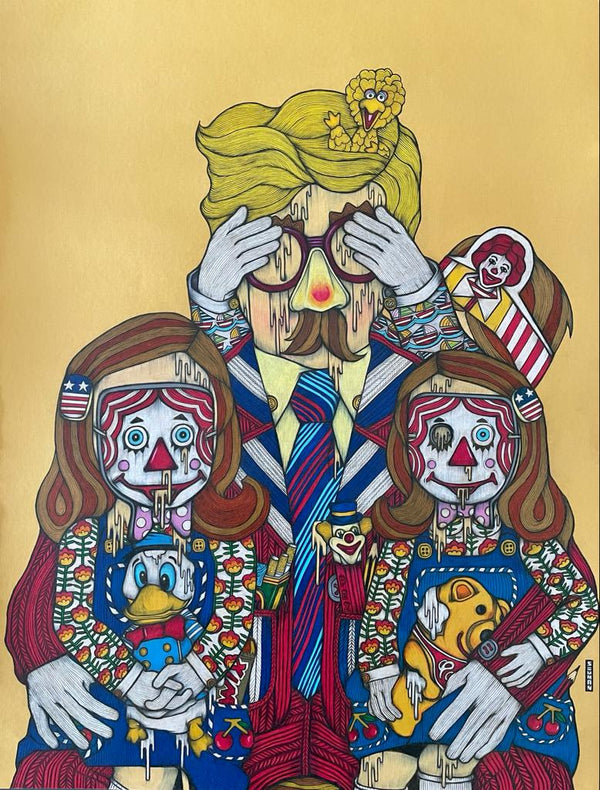 The colored-pencil illustration depicts pop icons such as Donald Trump holding the twins from Kubrick's "The Shining", the twins are seen holding Donald Duck and Winnie The Pooh plushies, while Trump's eyes are covered by Ronald McDonald from behind.