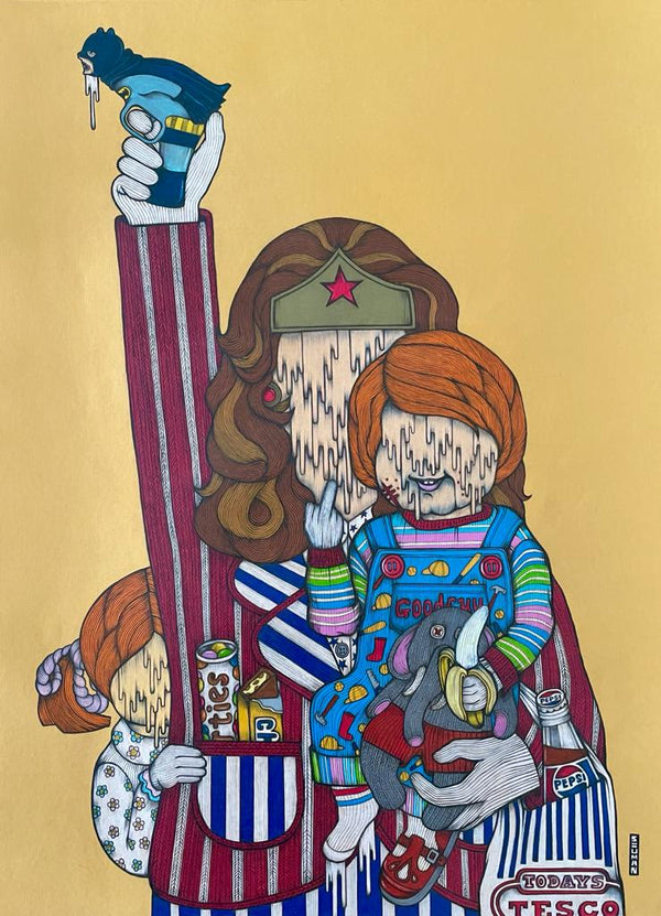 Come Shop With Us, Bruce is a color pencil illustration that depicts pop icons such as Wonder Woman holding Chucky and obscuring Wendy behind. The characters signals grotesque behavior, as Wonder Woman holds out batman-shaped gun and Chucky is holding a banana while showing a middle finger.
