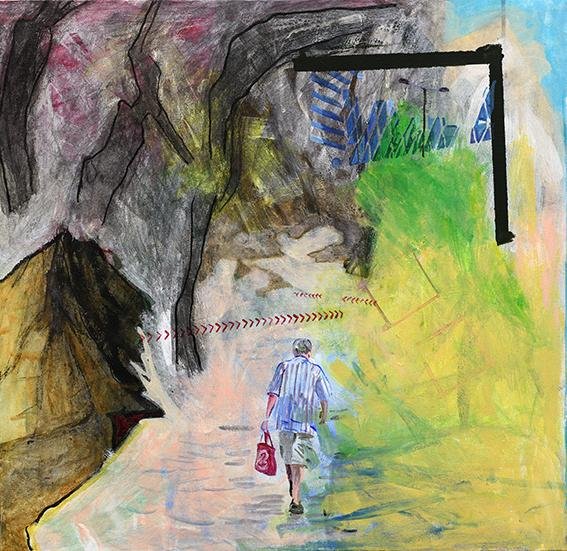 Landscape 2018 I is a mixed media painting that features abstracted Hong Kong landscape with a man holding a red shopping bag walking.