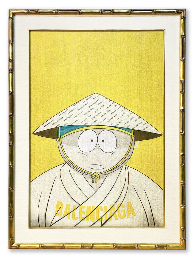 Don't Say Anything Mean by Ernest Chang, featuring Eric Cartman from South Park wearing a Balenciaga hat and hanfu in the style of traditional Chinese in front of a yellow background.