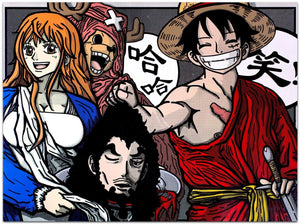Nami Receiving the Head of Rob Lucci by Ernest Chang, also featuring Luffi and Chopper from One Piece as a pastiche to "The Beheading of St John The Baptist" by Caravaggio 