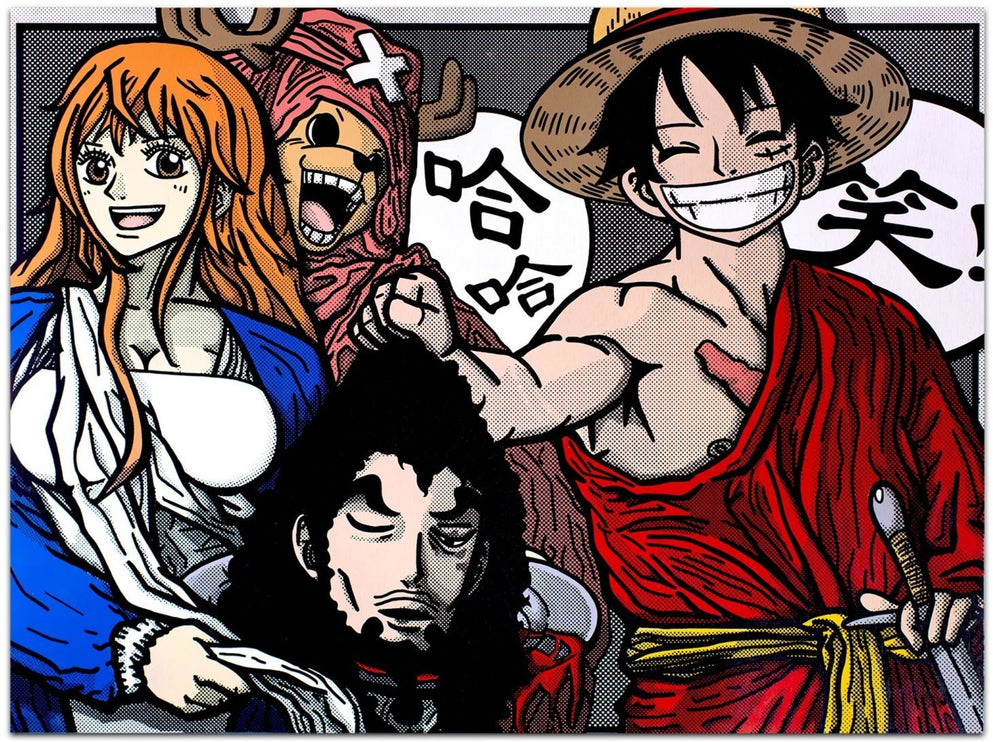 Nami Receiving the Head of Rob Lucci by Ernest Chang, also featuring Luffi and Chopper from One Piece as a pastiche to 