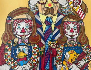 Close up of the work. The colored-pencil illustration depicts pop icons such as Donald Trump holding the twins from Kubrick's "The Shining", the twins are seen holding Donald Duck and Winnie The Pooh plushies, while Trump's eyes are covered by Ronald McDonald from behind.