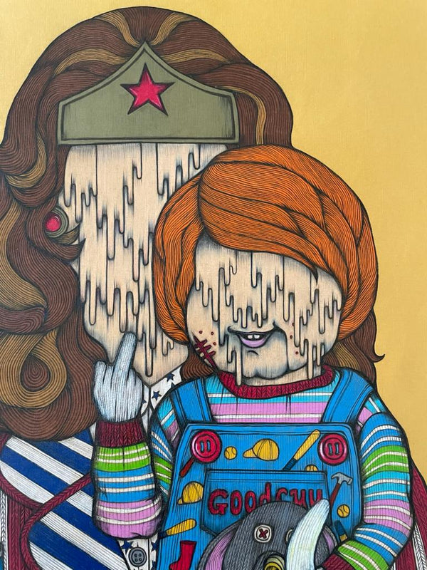 Close up of the work. Come Shop With Us, Bruce is a color pencil illustration that depicts pop icons such as Wonder Woman holding Chucky and obscuring Wendy behind. The characters signals grotesque behavior, as Wonder Woman holds out batman-shaped gun and Chucky is holding a banana while showing a middle finger.