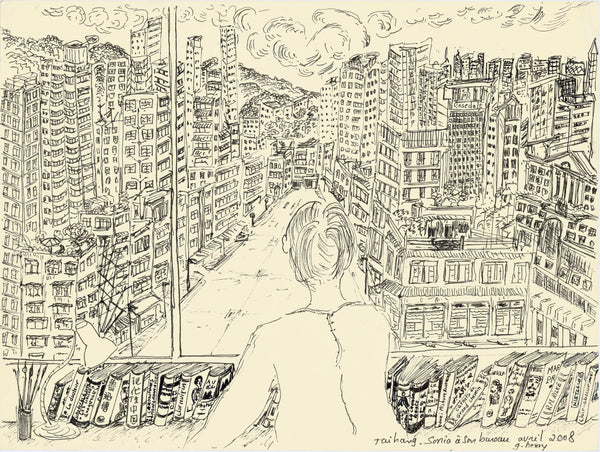 Tai Hang Sonia's Study is a drawing featuring a woman looking through her apartment window towards a road surrounded by Hong Kong cityscapes and apartments. Inside the window is a collection of books, horizontally lining the bottom part of the artwork.