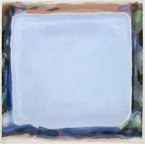 Dragon Hole No. 7 by Eric Niebuhr is a study that features a washed-out light blue enclosed with a palette of earth tones gouache paint colors along the square boundary of the artwork. 
