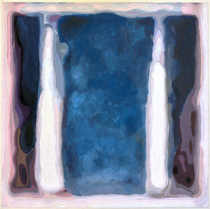 Dragon Hole No. 6 by Eric Niebuhr is part of the study depicting two long strokes of white gouache paint with a distance in between them, over a background of navy blue, and framed with a pink-tinted white gouache paint, thus shaping the square boundary of the artwork