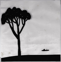風景 features a monochromatic and flat composition, resembling a cut out collage, and depicts a tree and a ship floating on a background, indicating the white paper background as the ocean.