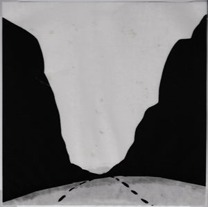 風景 features a monochromatic and flat composition, resembling a cut out assemblage, and depicts a road that goes into a vantage point framed by two black boulders.