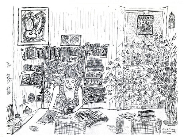 The Pleasure of Writing features a woman writing on a piece of paper, surrounded with bookshelves and framed artworks, on the right hand side, a big arrangement of flower obscure the window behind, and a poster of the French magazine Paroles is hanged on the window, hinting on the artist's relation with the magazine.