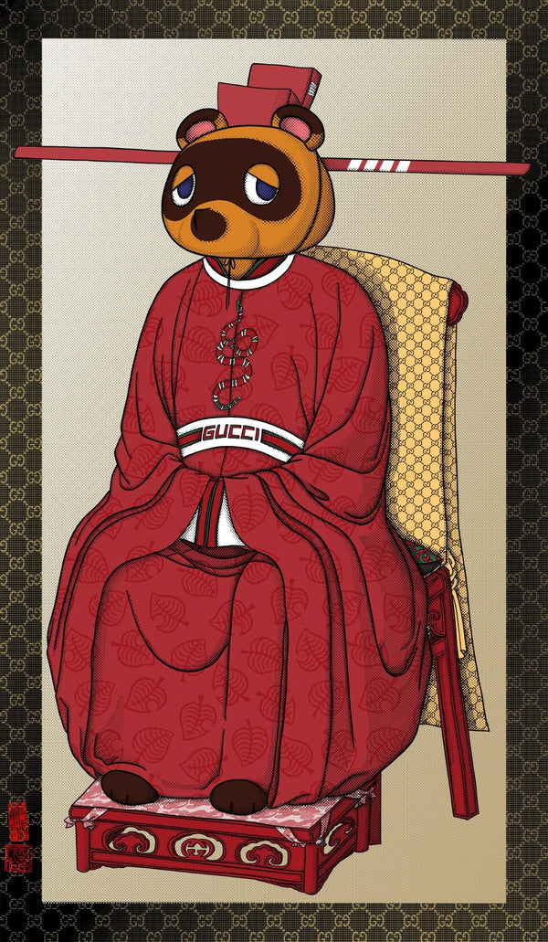 Things Are Everything by Ernest Chang features Tom Nook from Animal Crossing wearing a red Gucci hanfu and headpiece and sitting on chair covered with a Gucci logo-embroidered fabric in the style of traditional Chinese